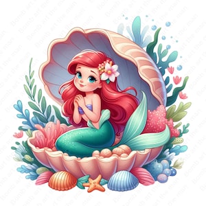 Little mermaid clipart, princess ariel png, little mermaid in seashell clipart, instant download