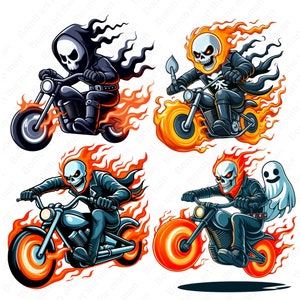Pode incluir: Quatro ilustrações digitais de um esqueleto a andar de moto com chamas a sair das rodas e da moto. Os esqueletos usam jaquetas de couro pretas e andam em diferentes poses.
