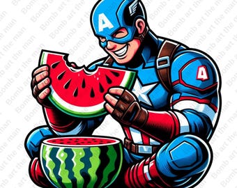 captain america funny clipart, captain america eating watermelon, summer clipart, funny hero png, instant download
