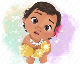 baby moana clipart, cute moana png, watercolor backgrouund, instant download