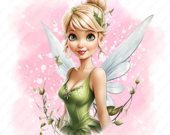 Tinkerbell clipart, cute tinkerbell png, cute fairy clipart, watercolor background, instant download