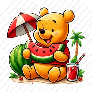 winnie the pooh funny clipart, winnie the pooh eating watermelon, cute summer clipart, instant download