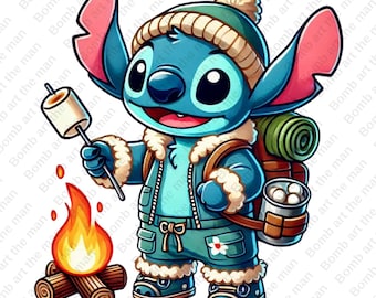 Stitch camping clipart, schattige steek png, schattige stripfiguur, transparant ontwerp, instant download