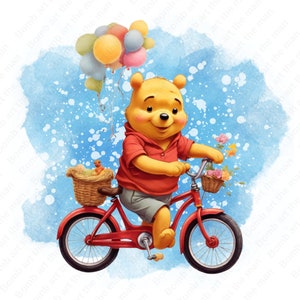 winnie the pooh riding bike clipart, winnie the pooh png, cute bear png, watercolor background, instant download