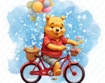 くまのプーさんが自転車に乗っているクリップアート、くまのプーさんのPNG画像、かわいいクマのPNG画像、水彩画風の背景、即時ダウンロード