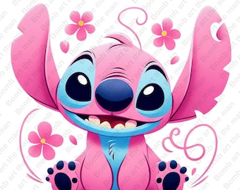 May include: A pink and blue cartoon character with large eyes and a wide smile. The character is sitting with its legs crossed and its arms raised. The background is white with pink flowers.