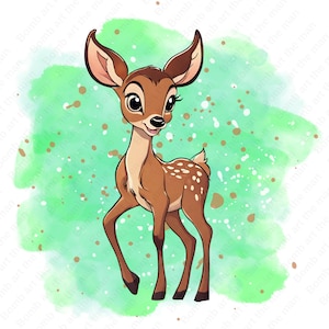 cute bambi clipart, cute bambi png, watercolor background, instant download