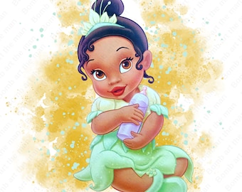 Baby Tiana clipart, cute princess tiana png, baby toddler tiana, watercolor background, instant download