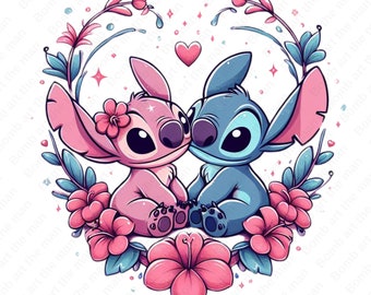 May include: A pink and blue cartoon couple, Stitch and Angel, are hugging in a heart-shaped floral wreath. The wreath is made of pink and blue flowers with green leaves.
