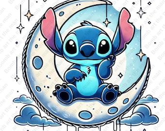 Stitch on the Moon clipart, Stitch png, schattige steek clipart, transparant ontwerp, instant download