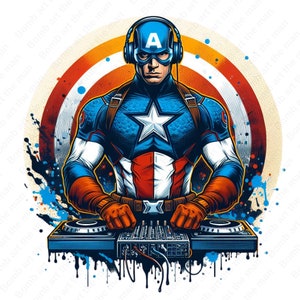 Capitão América DJ clipart, DJ Capitão América png, Super herói png, Design de respingo de herói, download instantâneo