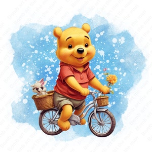 winnie the pooh riding bike clipart, winnie the pooh png, cute bear png, watercolor background, instant download