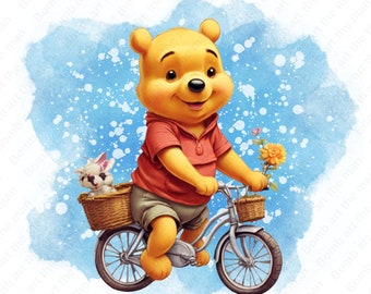 くまのプーさんが自転車に乗っているクリップアート、くまのプーさんのPNG画像、かわいいクマのPNG画像、水彩画風の背景、即時ダウンロード
