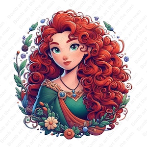 Könnte beinhalten: Eine digitale Illustration einer rothaarigen Frau mit grünen Augen. Sie trägt ein grünes und braunes Kleid mit einer goldenen Halskette. Die Frau ist von einem Kranz aus Blumen und Blättern umgeben.