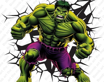 May include: An illustration of the Hulk breaking through a wall. He is green and purple, flexing his muscles and has a determined expression on his face.