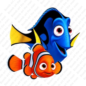 May include: A vibrant illustration of two animated fish. A blue fish with black accents and yellow fins smiles above a smaller orange fish with white stripes. The image is a cartoon style.