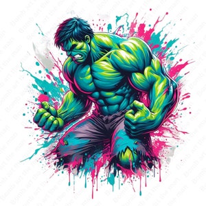 Op de afbeelding: Een dynamische illustratie van een groene, gespierde figuur met blauwe en roze verfspatten. De figuur wordt afgebeeld in een krachtige houding, met gebalde vuisten en een vastberaden uitdrukking. Het kunstwerk is in stripboekstijl.