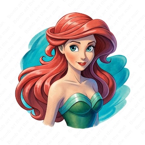 Princess ariel png, the little mermaid clipart,  princess clipart, hand-drawn design, instant download
