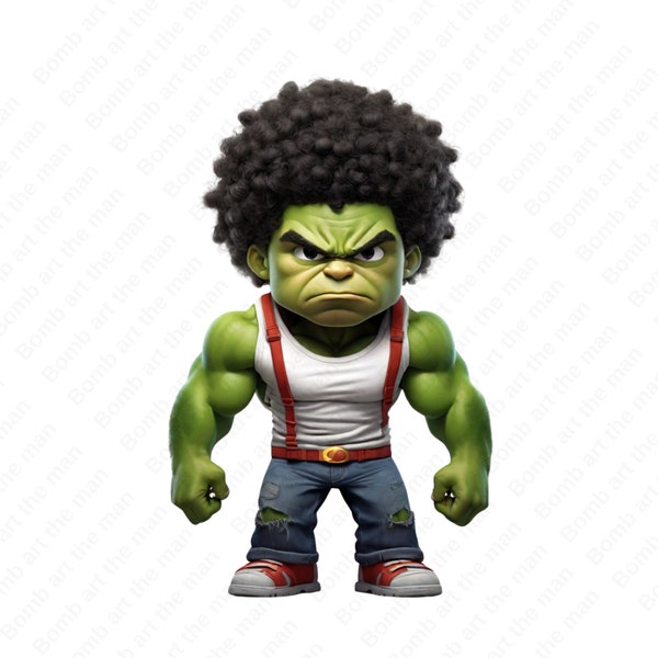 African hulk clipart, cute afro hair hulk png, transparent design, instant download