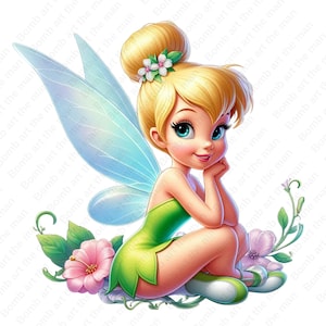 Può includere: Illustrazione digitale di una fata con capelli biondi raccolti in uno chignon, ornata di fiori. Indossa un vestito verde e ha ali blu traslucide. Accenti floreali rosa e verdi la circondano.