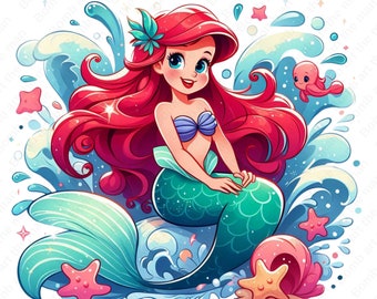 Pode incluir: Uma ilustração de desenho animado de Ariel, a Pequena Sereia, com cabelo comprido vermelho, uma cauda verde e um sutiã de concha de mar roxo. Ela está sentada em uma onda com água azul e branca e cercada por estrelas do mar, conchas e bolhas.