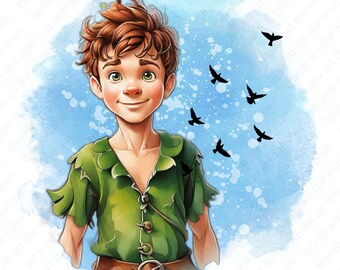 Peter Pan clipart, cute peter pan png, watercolor background, instant download