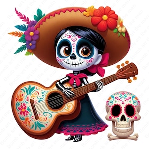 May include: A cartoon illustration of a skeleton wearing a black dress and a sombrero playing a colorful acoustic guitar. The skeleton has a sugar skull face with pink and blue details. A small sugar skull with floral details is in the background.