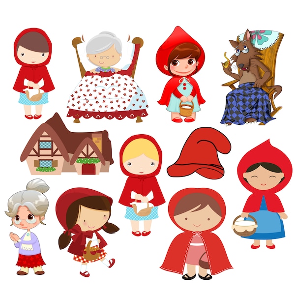 little red riding hood png, little red riding hood clipart set, 12 pcs, cartoon fairytale png, instant download