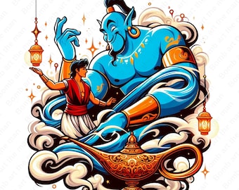 May include: A blue genie with a gold bracelet and a red turban emerges from a gold lamp with a swirling blue design. A man in a red and gold outfit holds a lantern and looks at the genie.