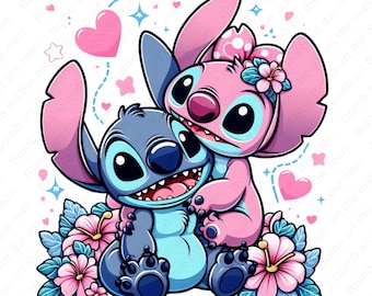 May include: A blue and pink cartoon Stitch character couple with big eyes and a happy expression. They are surrounded by pink flowers and hearts.