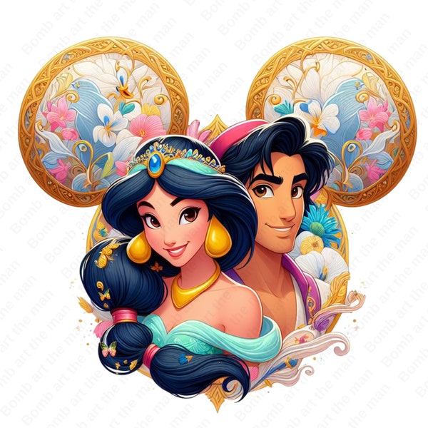 princess jasmine and aladdin png, princess jasmine clipart, aladdin clipart, mouse ear design, instant download