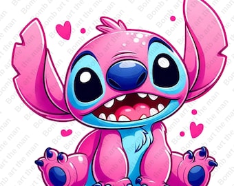 May include: A pink and blue cartoon character with large eyes and a wide smile. The character is sitting with its legs crossed and its arms raised. There are two pink hearts in the background.