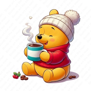 cute winnie the pooh coffee clipart, winnie the pooh coffee png, cute cartoon clipart, transparent design, instant download