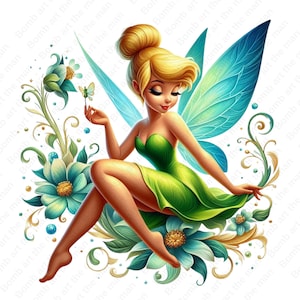 May include: A digital illustration of a fairy with blonde hair in a bun, wearing a green dress and teal wings. She is surrounded by teal and gold floral elements and holding a small butterfly. The image has a whimsical, fantasy theme.