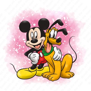 May include: A cartoon illustration of Mickey Mouse and Pluto. Mickey Mouse is wearing red shorts and yellow shoes. Pluto is a yellow dog with a green collar. The background is a pink watercolor wash with white dots.