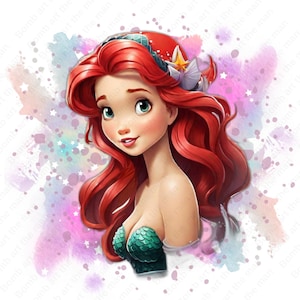 Princess ariel clipart, the little mermaid png, watercolor background, instant download