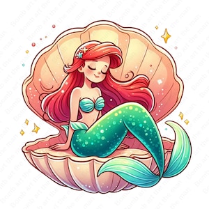 little mermaid clipart, princess ariel png, little mermaid in seashell clipart, instant download