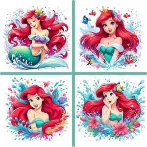 Little Mermaid cute clipart, Princess Ariel png bundle, The Little Mermaid png bundle, 4 Pack design