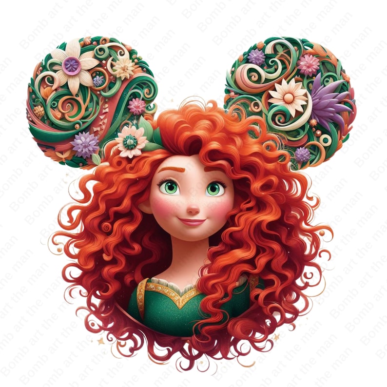 K&ouml;nnte beinhalten: Digitale Illustration einer Frau mit leuchtend roten Locken und gr&uuml;nen Augen. Sie tr&auml;gt ein gr&uuml;nes Kleid mit goldenen Akzenten. Das Bild zeigt florale Mickey Mouse Ohren auf wei&szlig;em Hintergrund. Der Kunststil erinnert an eine Disney-Prinzessin.