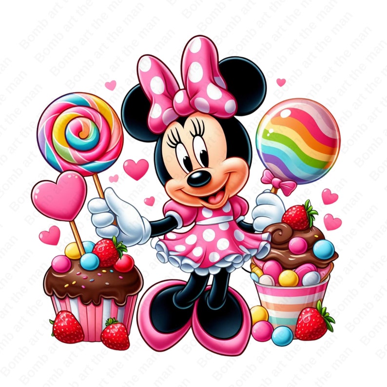 Op de afbeelding: Een cartoonillustratie van Minnie Mouse die twee lolly's vasthoudt. Ze draagt een roze gebloemde jurk en een roze strik. Aan beide kanten van haar staan twee cupcakes met kleurrijke snoepjes en aardbeien.