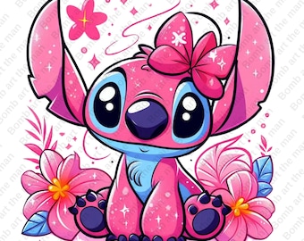 Könnte beinhalten: Eine rosa Stitch-Figur mit einer rosa Schleife, blauen Augen und einem blauen Mund. Die Figur sitzt auf einer rosa Blume mit gelber Mitte. Der Hintergrund ist weiß mit rosa Blumen und Sternen.