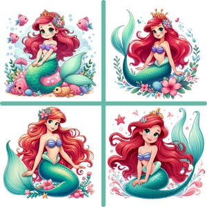 Little Mermaid cute clipart, Princess Ariel png bundle, The Little Mermaid png bundle, 4 Pack design