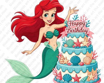 The Little Mermaid Birthday clipart, Princess Ariel New Birthday design, Birthday girl, transparent design