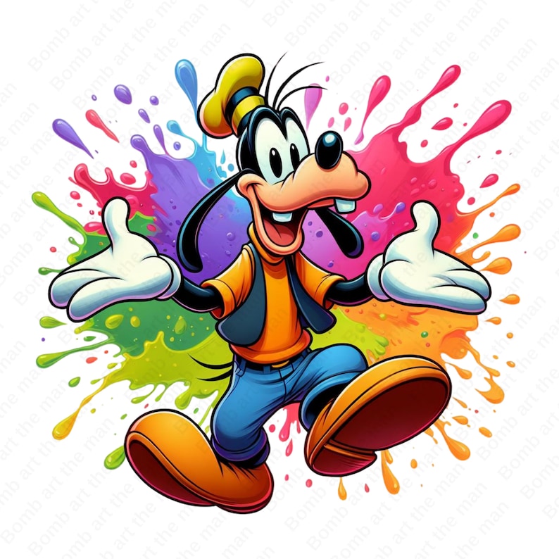 May include: A cartoon illustration of Goofy, a dog character, wearing a yellow hat and a blue shirt with a vest. He is standing in front of a colorful background of paint splatters.