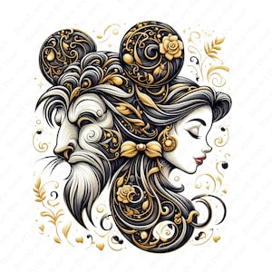 Könnte beinhalten: Künstlerische Illustration mit dem Profil einer Frau, das mit einem Löwenkopf verwoben ist. Das Design verwendet Schwarz, Gold und Weiß mit floralen und ornamentalen Details. Die Frau hat geschlossene Augen und rote Lippen.
