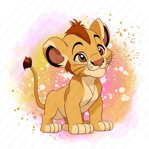 May include: A cartoon illustration of a light brown lion cub with a light brown mane, sitting on a pink and yellow watercolor background. The lion cub has a light brown nose, light brown eyes, and a light brown tail.