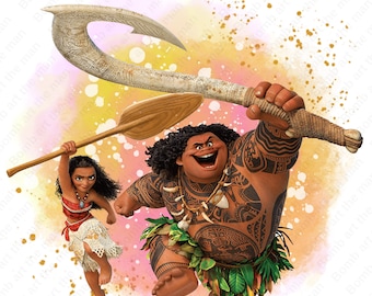 Clipart di Maui e Moana, PNG di Maui, PNG di Moana, sfondo acquerello, download immediato
