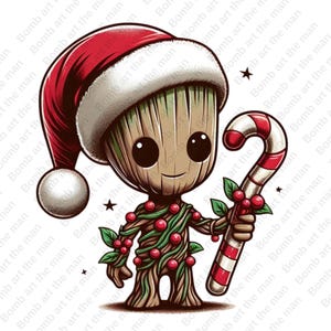 以下が含まれることがあります： 緑色のヒューマノイドのキャラクターが赤いサンタの帽子をかぶり、キャンディーケーンを持っているという漫画のイラスト。キャラクターはホーリーとベリーで飾られています。