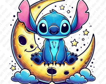 Stitch on the Moon clipart, Stitch png, schattige steek clipart, transparant ontwerp, instant download
