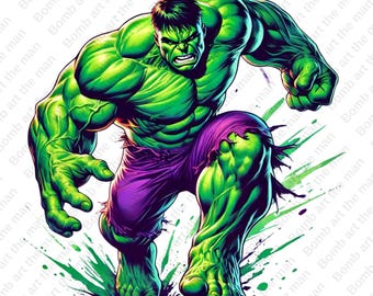 May include: An illustration of the Hulk, a superhero, in a dynamic pose with his fists clenched. He is green and purple and standing on a green and white splatter background.